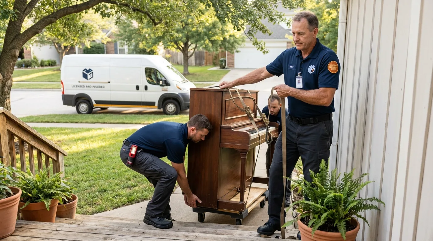 Licensed piano movers securing grand piano in Olive Branch, MS