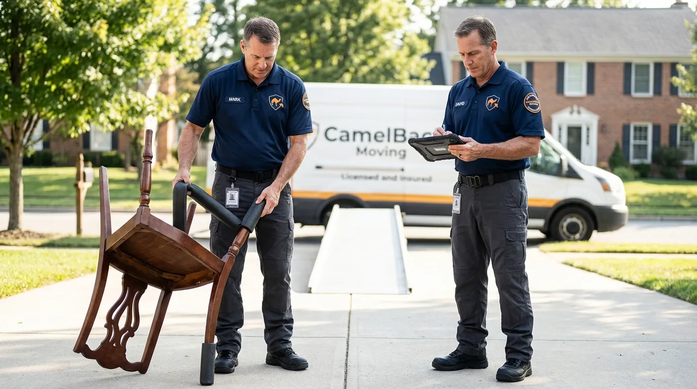 Movers inspecting furniture for damage prevention before loading in Olive Branch, MS